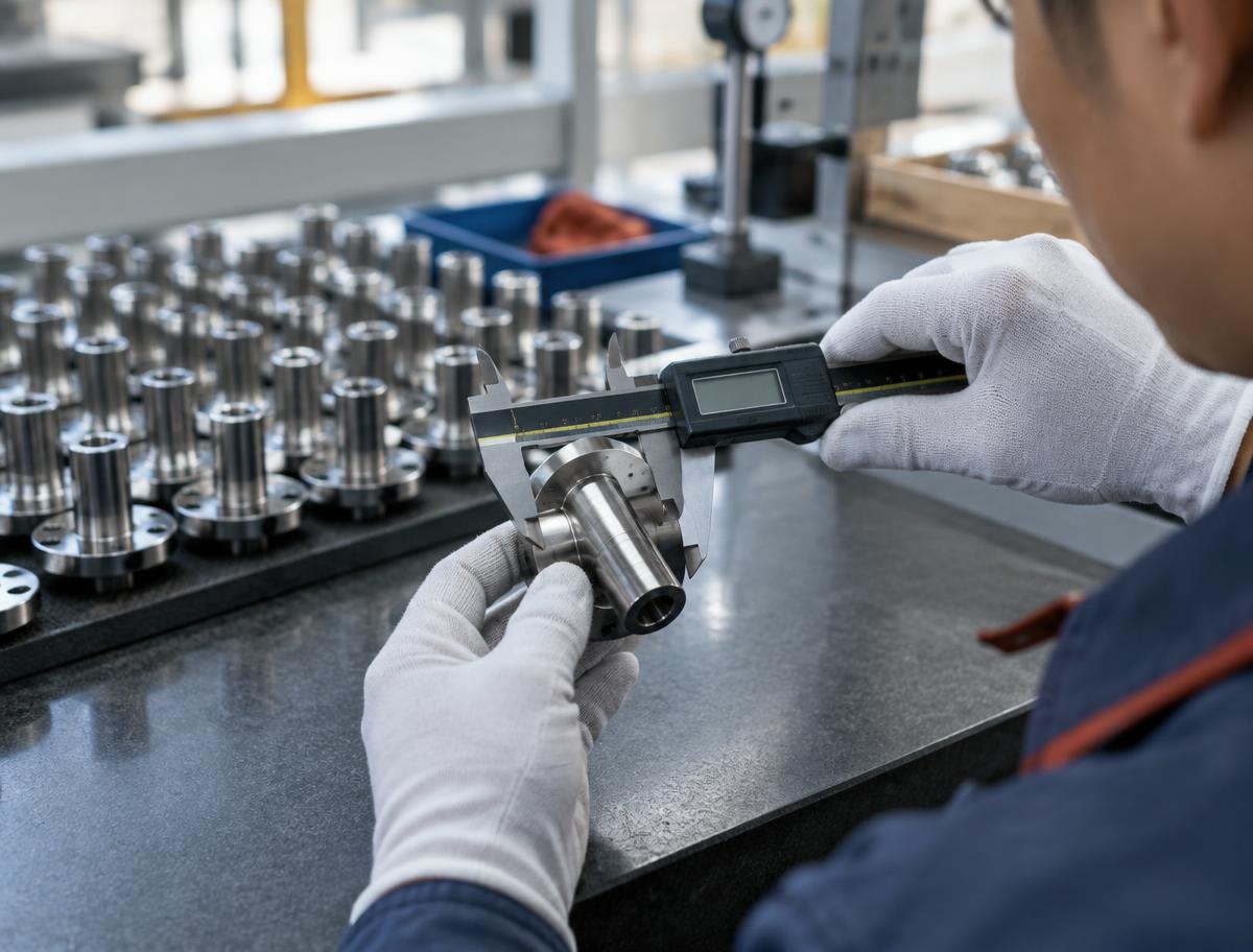 A metal component being measured with calipers during inspection