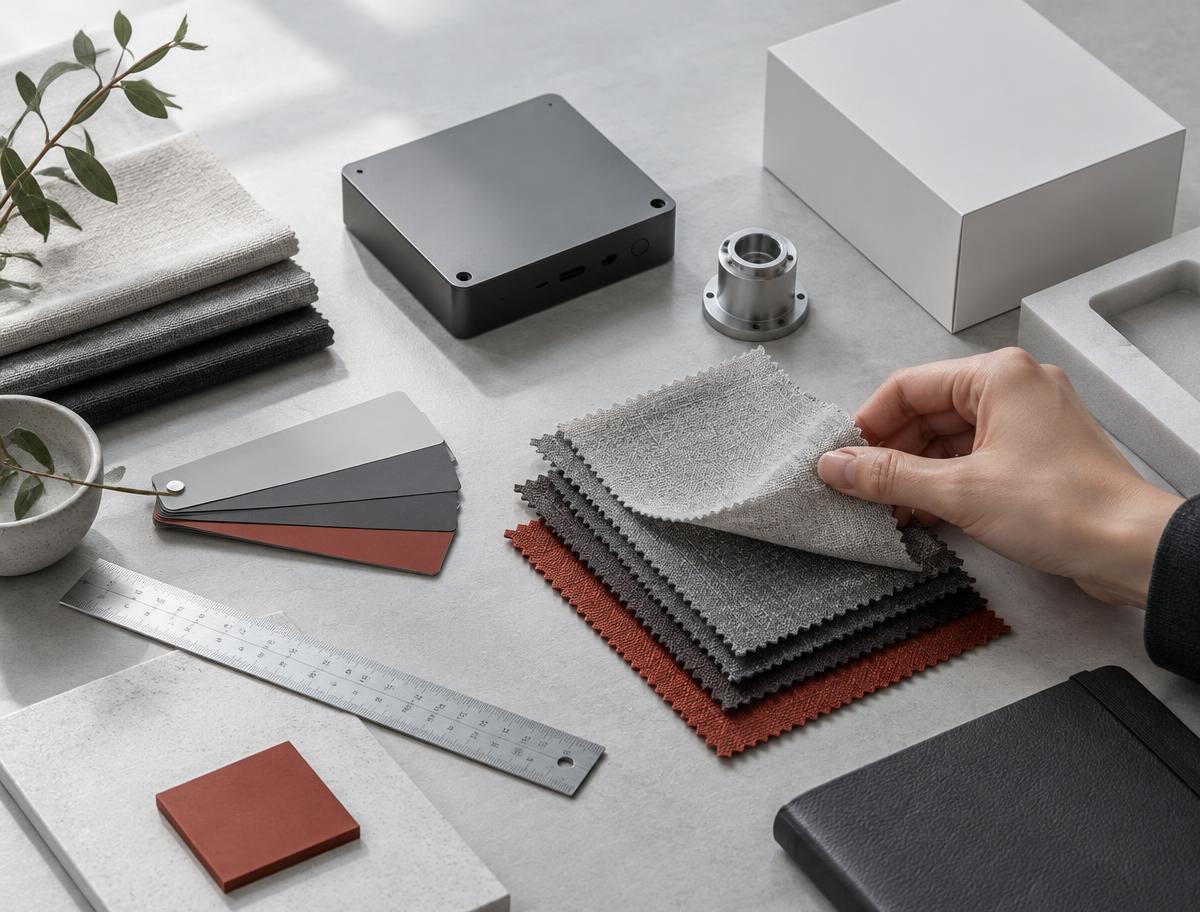 Fabric swatches, a component and packaging mock-up being compared